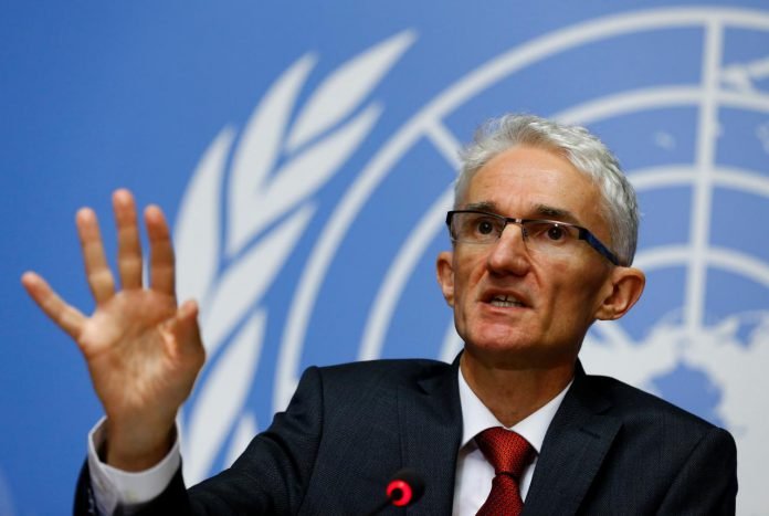Under-Secretary-General for Humanitarian Affairs Lowcock attends a news conference on Rohingya refugee crisis at the UN in Geneva